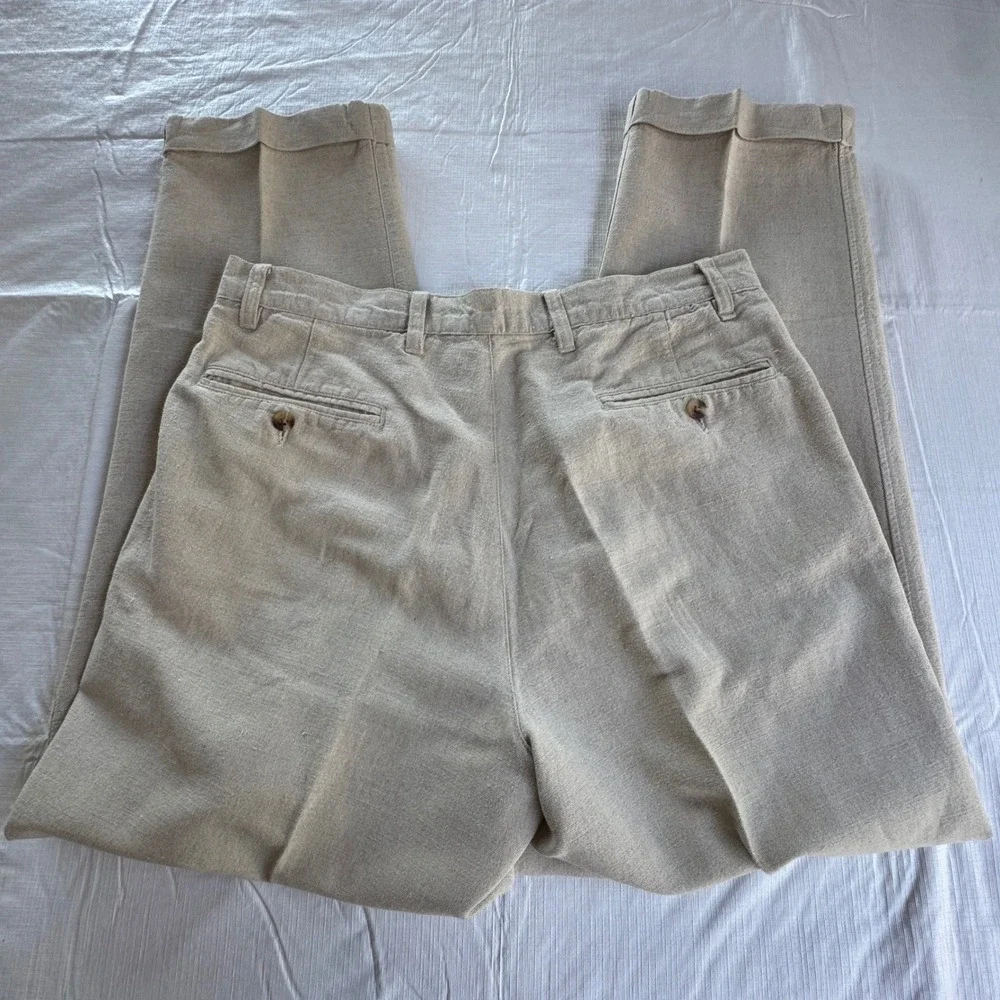 Eddie Bauer Mens 35x30 Pleated Linen Cotton Blend Cuffed Chino Pants Beige